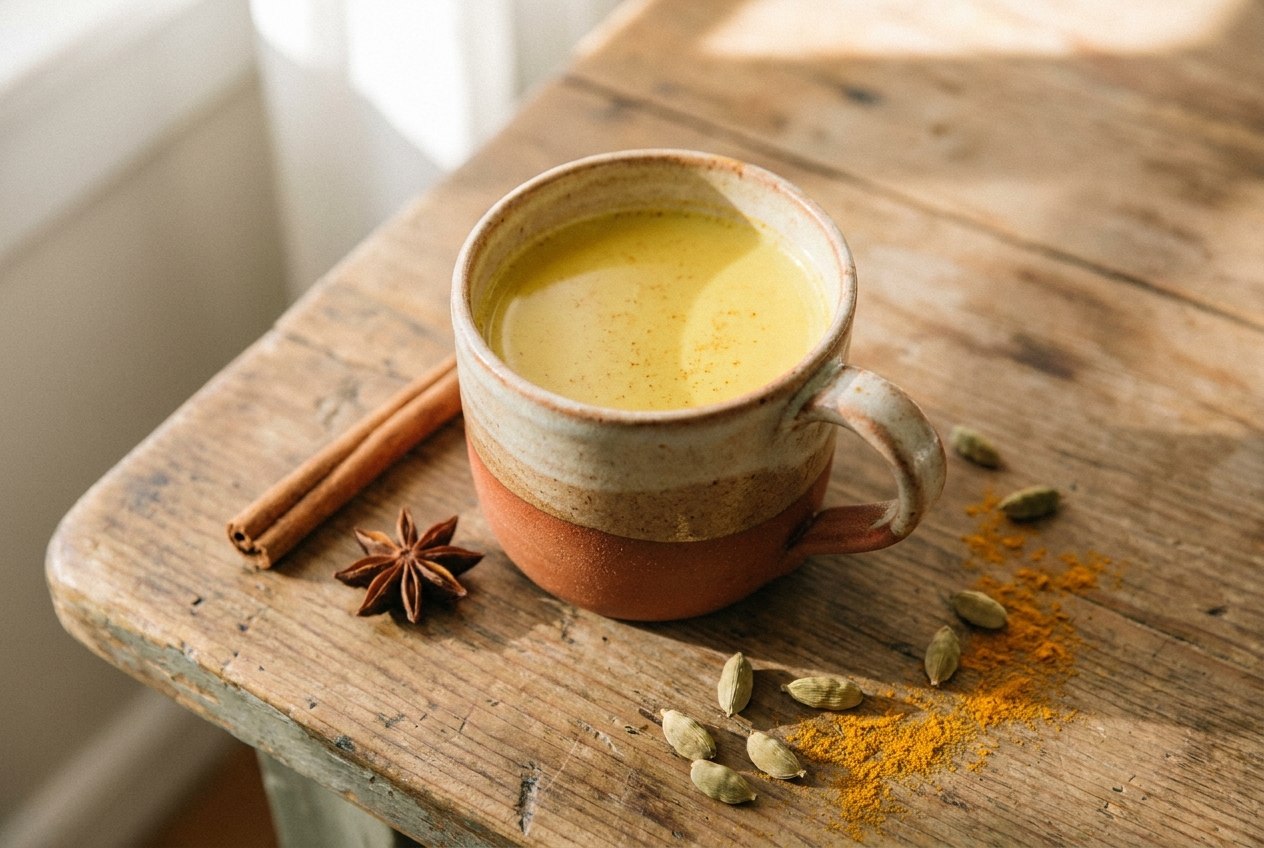 Gouden melk in een keramische kop